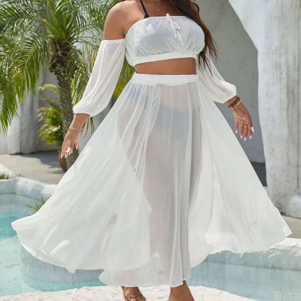 NWT SHEIN Plus Off Shoulder Chiffon Cover Up Top & M-Slit Hem Skirt Size 3XL
